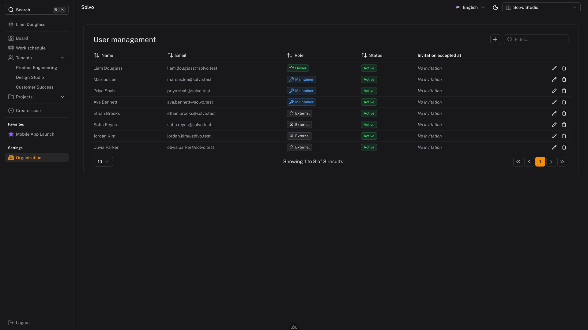 Screenshot of the members page